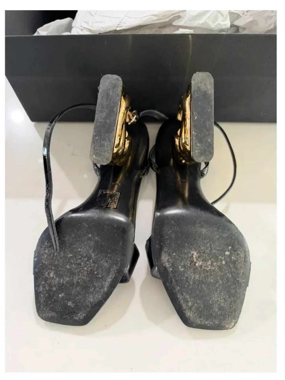 Dolce & Gabbana Black Patent Slingback Sandals with Gold Sculptural Heel